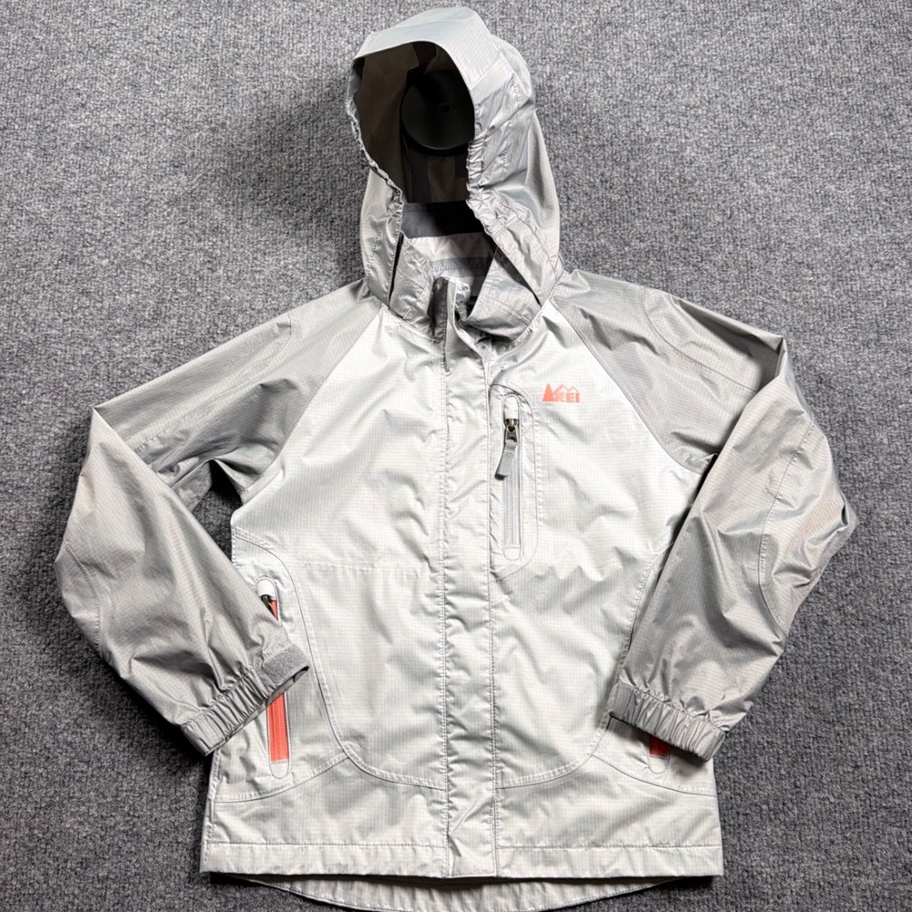 REI Rain Jacket Girls XS (6-7) Gray Hooded Ripstop Full Zip Outdoor Shell